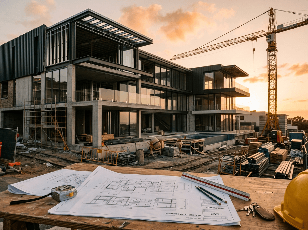 Baustelle mit Architekturplänen